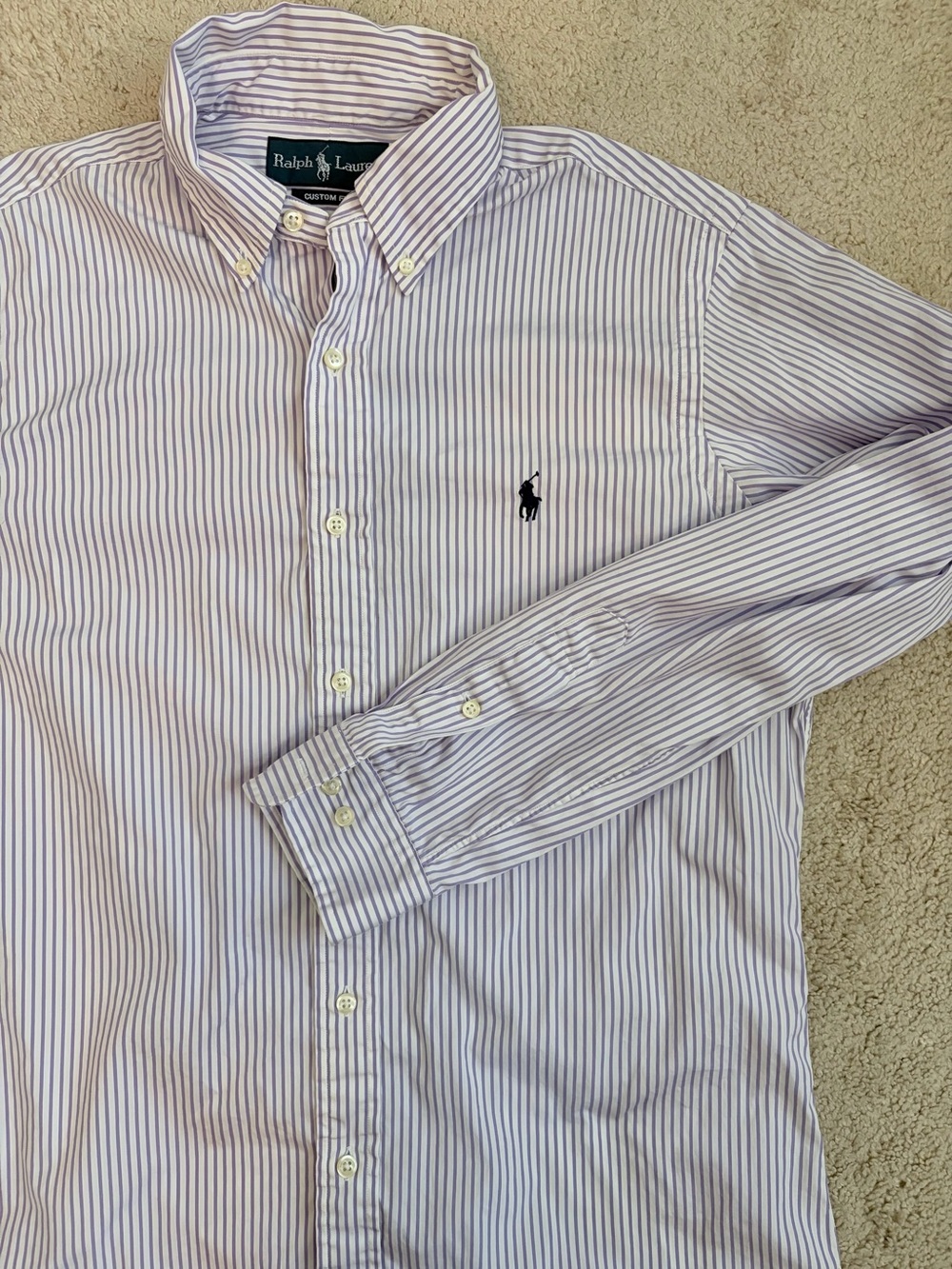 Ralph Lauren Custom Fit Shirt Men's 15.5 32 Purple White Stripe 100% Cotton Pony